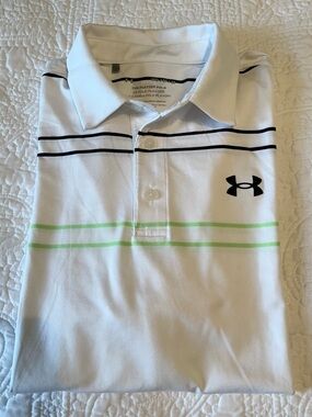Under Armour The Playoff Polo Golf Shirt Men’s M, White + Navy/Green Stripes